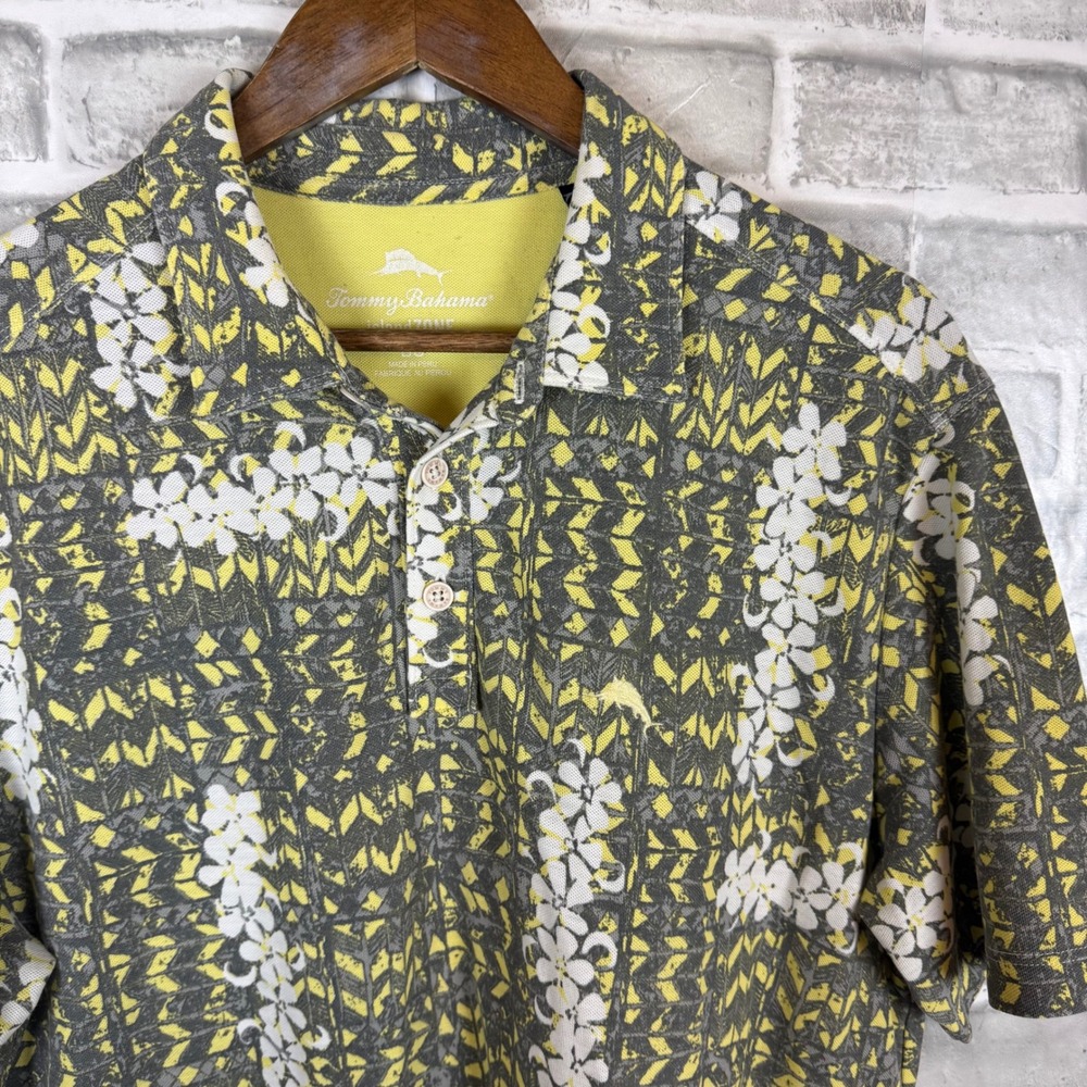 Tommy Bahama IslandZone Mens Large Polo Shirt Floral Geometric Yellow Grey Pima